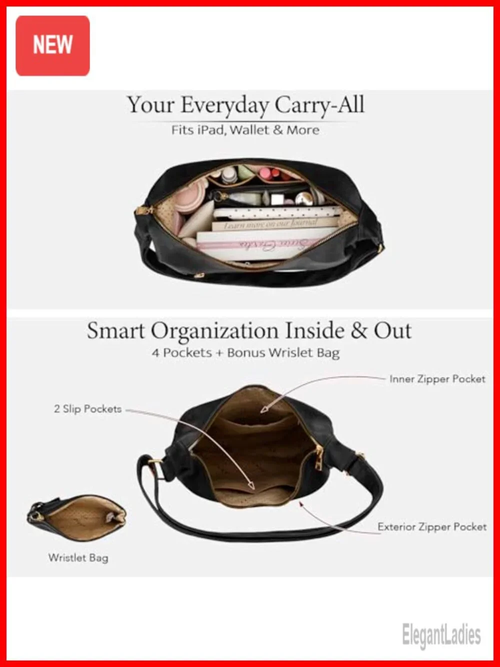 Slouchy Hobo Bag Vegan Leather Shoulder Purse Adjustable Crossbody